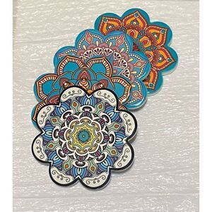 Bundle of 4 Set Ceramic Non-Slip Absorbent Coaster Mandala Pattern